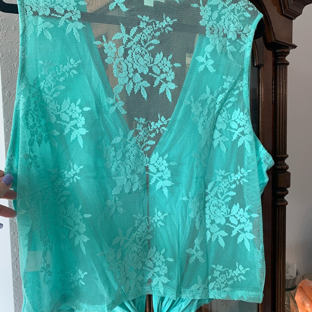 Aqua Ruffle Front Women’s Top - Picture 2 of 5